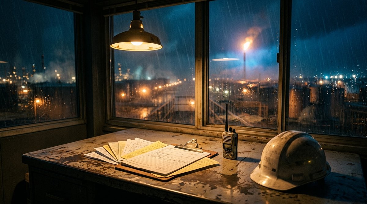 A rain-streaked window above a battered desk holding a clipboard of permit forms, a radio, and a hard hat, an industrial site lit up at night beyond the glass.