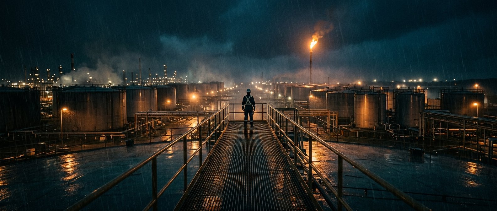 A lone worker in a hard hat stands on a rain-soaked walkway between rows of storage tanks at night, a flare stack burning in the distance.